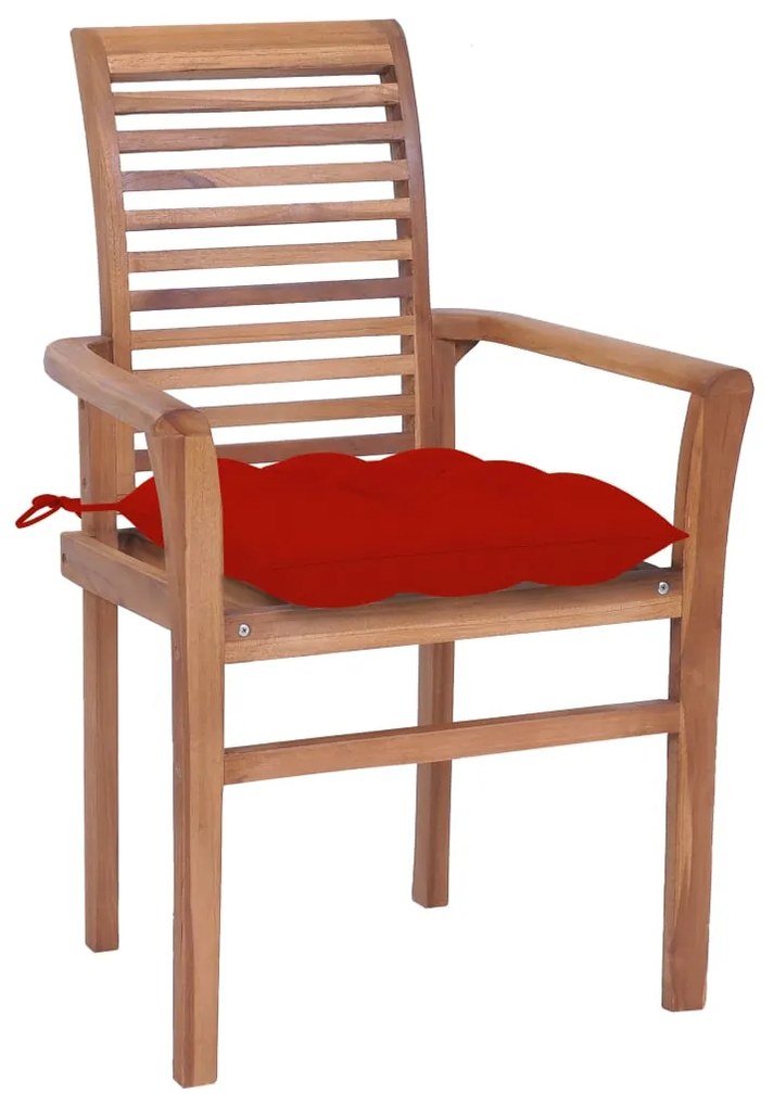 vidaXL Καρέκλες Τραπεζαρίας 8 τεμ. Μασίφ Ξύλο Teak & Κόκκινα Μαξιλάρια