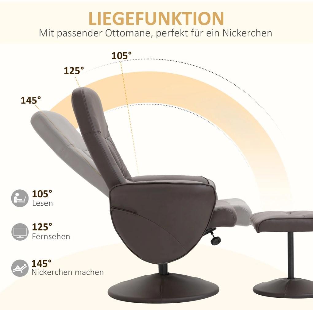 HOMCOM Σετ 2 τεμαχίων πολυθρόνας, Πολυθρόνα με υποπόδιο, Πολυθρόνα Relax με υποπόδιο, ρυθμιζόμενο ύψος, ανακλινόμενη πλάτη, Καφέ
