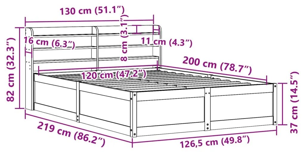 Πλαίσιο Κρεβατιού με Κεφαλάρι Λευκό 120x200 εκ. από Μασίφ Πεύκο - Λευκό