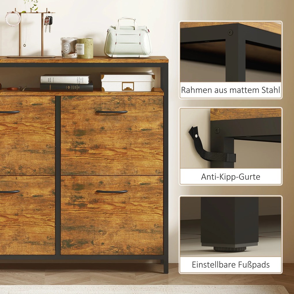 Ντουλάπι παπουτσιών HOMCOM με 4 αναδιπλούμενα συρτάρια, στενό σχεδιασμό, ανοιχτό ράφι, για 12-20 ζευγάρια παπούτσια, ατσάλι, καφέ