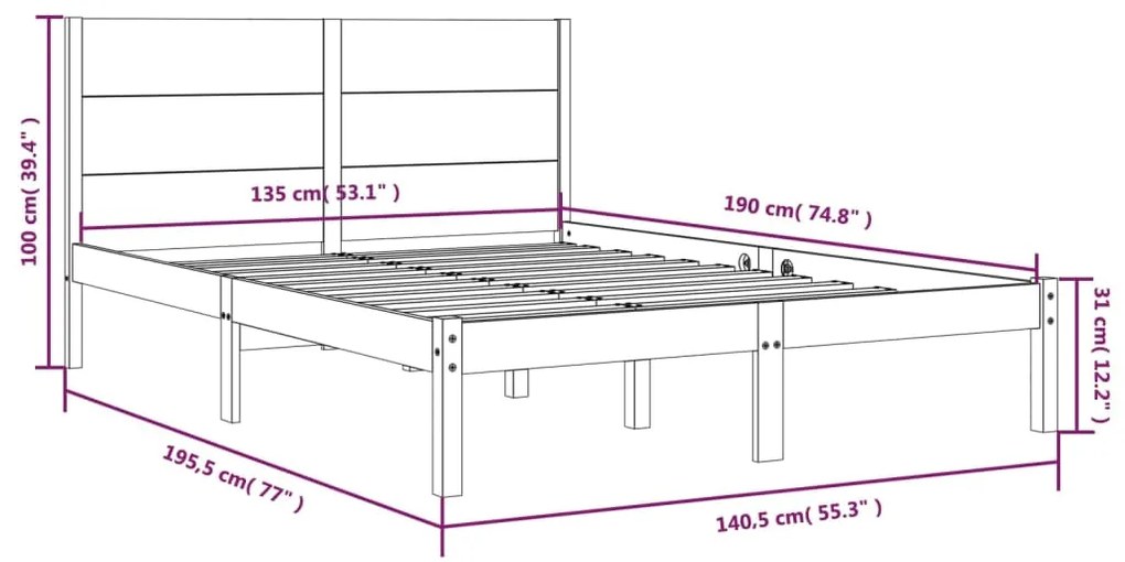 vidaXL Πλαίσιο Κρεβατιού Γκρι 135 x 190 εκ. από Μασίφ Ξύλο 4FT6 Double