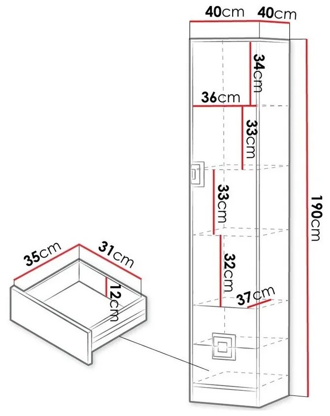 Βιβλιοθήκη Akron F104, Με συρτάρια, Με πόρτες, Κλειστό, Πλαστικοποιημένη μοριοσανίδα, Ο αριθμός των θυρών: 1, Αριθμός συρταριών: 2, 190x40x40cm