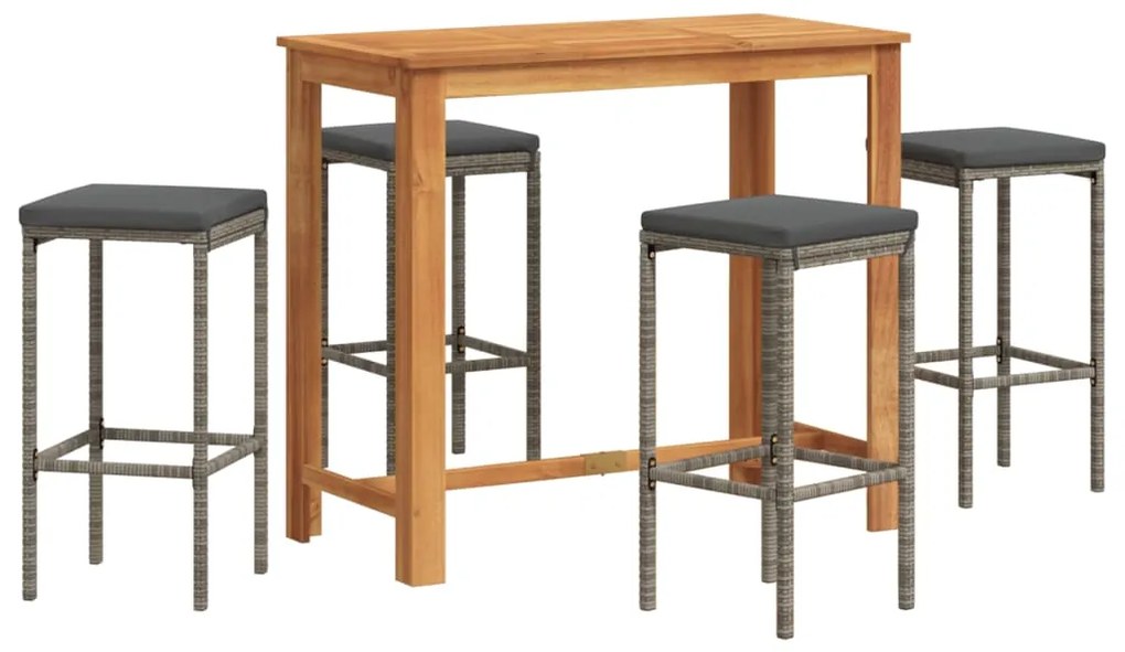 vidaXL Σετ Μπαρ Κήπου 5 Τεμ. Γκρι Μασίφ Ξύλο Ακακίας και Συνθ. Ρατάν