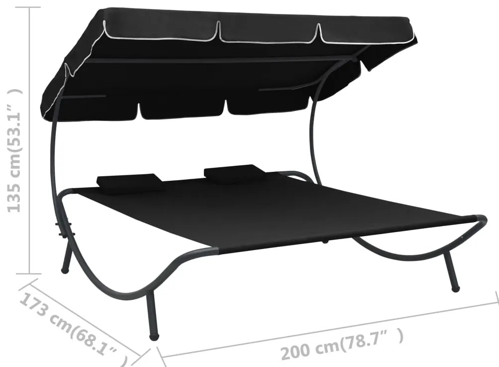 vidaXL Ξαπλώστρα - Κρεβάτι Διπλή Μαύρη με Σκίαστρο και Μαξιλάρια