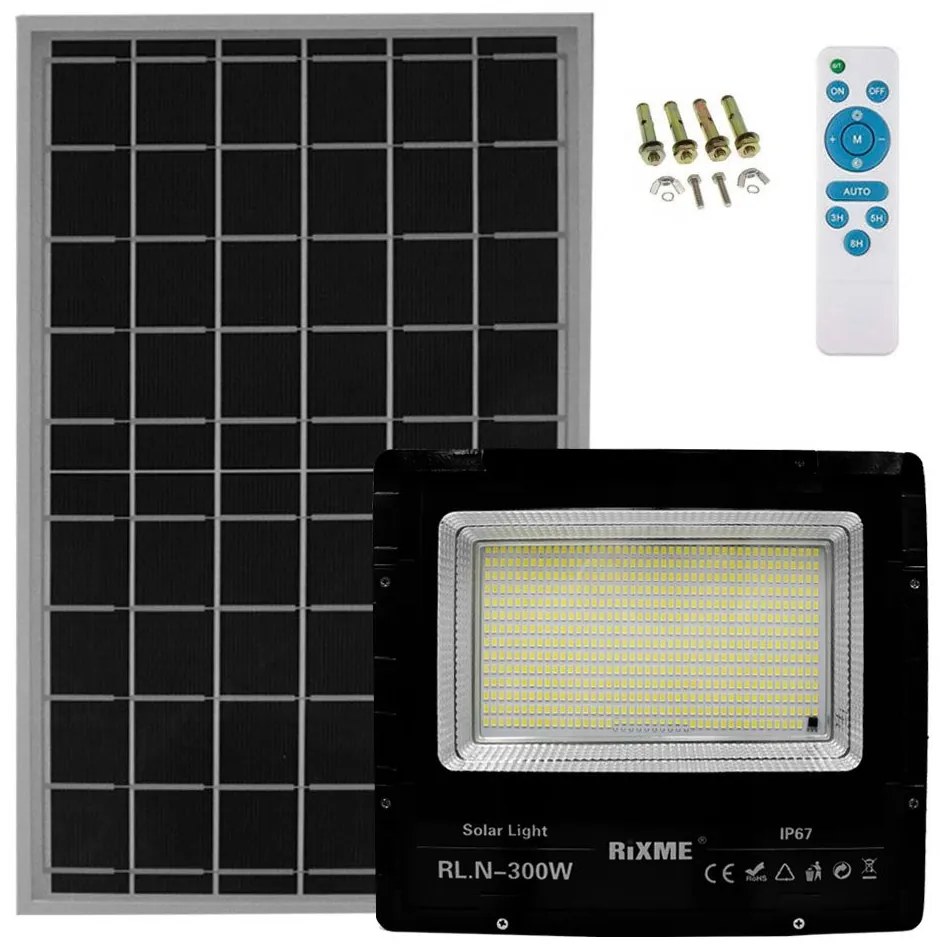 Led Αδιάβροχος Ηλιακός Προβολέας 300W 49280LM με Πάνελ και Τηλεχειριστήριο Rixme RL.N-300W