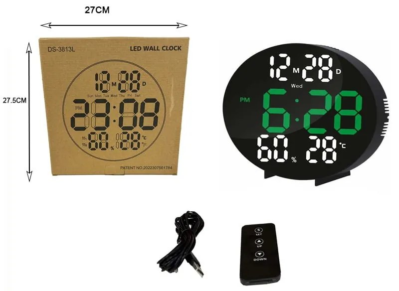 DS-3813L LED Wall clock with Calendar/ Thermometer/ Hygrometer
