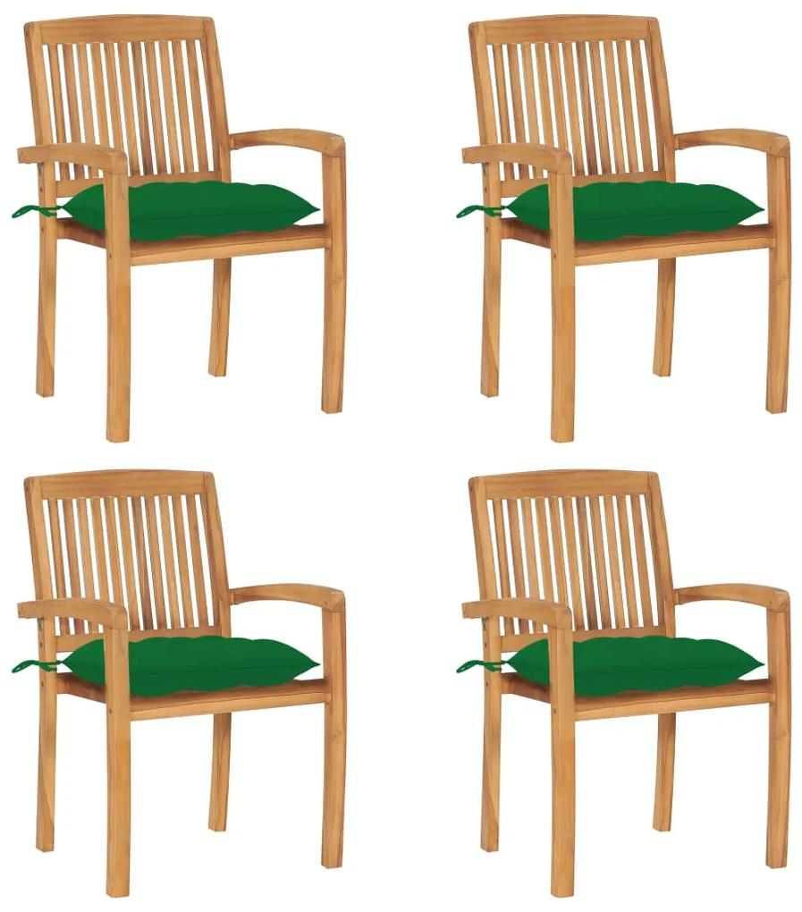 3073260 vidaXL Καρέκλες Κήπου Στοιβαζόμενες 4 τεμ. Μασίφ Ξύλο Teak &amp; Μαξιλάρια Πράσινο, 1 Τεμάχιο