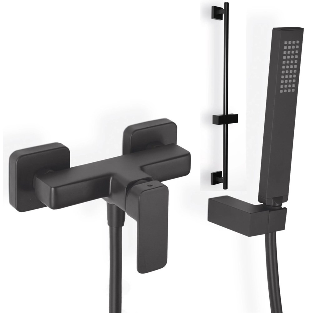 Eurorama Quadra Black Matt Μπαταρία Ντουζιέρας με Tηλ, Eπίτοιχο Στήριγμα Τηλ+PVC Σπιράλ+1,5μ+Βέργα ντους FLUTE 70εκ.