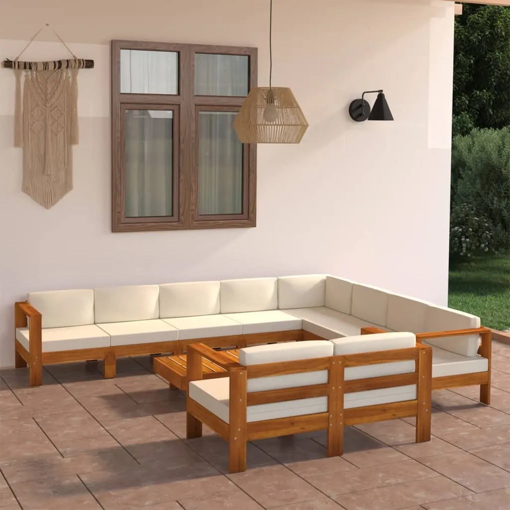 vidaXL Σαλόνι Κήπου 10 Τεμαχίων Ξύλο Ακακίας & Λευκά Κρεμ Μαξιλάρια