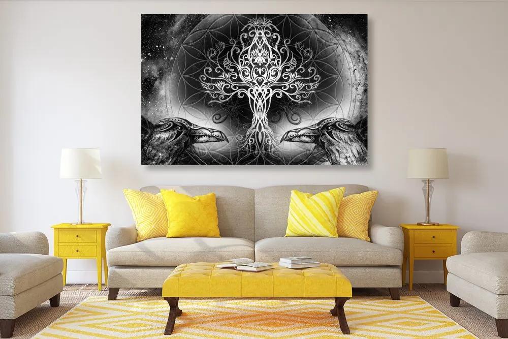 Εικόνα κορακιών και δέντρου της ζωής σε ασπρόμαυρο - 120x80