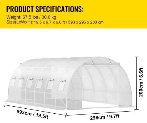 VEVOR Walk-in Tunnel Greenhouse, 20 x 10 x 7 ft Portable Plant Hot House w/ Galvanized Steel Hoops, 3 Top Beams, 4 Diagonal Poles, 2 Zippered Doors &amp; 12 Roll-up Windows, White