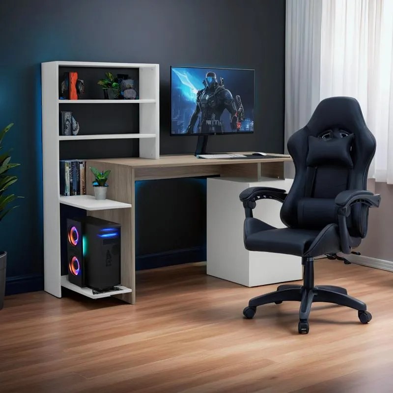 Γραφείο με βιβλιοθήκη και ντουλάπι Meza σε sonoma-λευκή απόχρωση 146.3x55x128.8εκ 146.3x55x128.8 εκ.