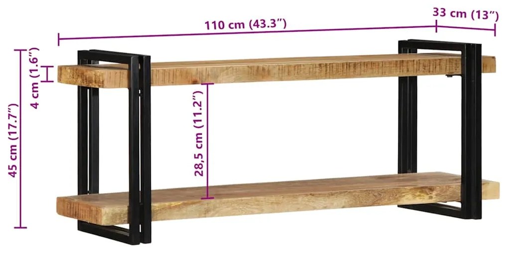 Ράφι τοίχου 110x33x45 cm Στερεό ακατέργαστο ξύλο Mango - Καφέ