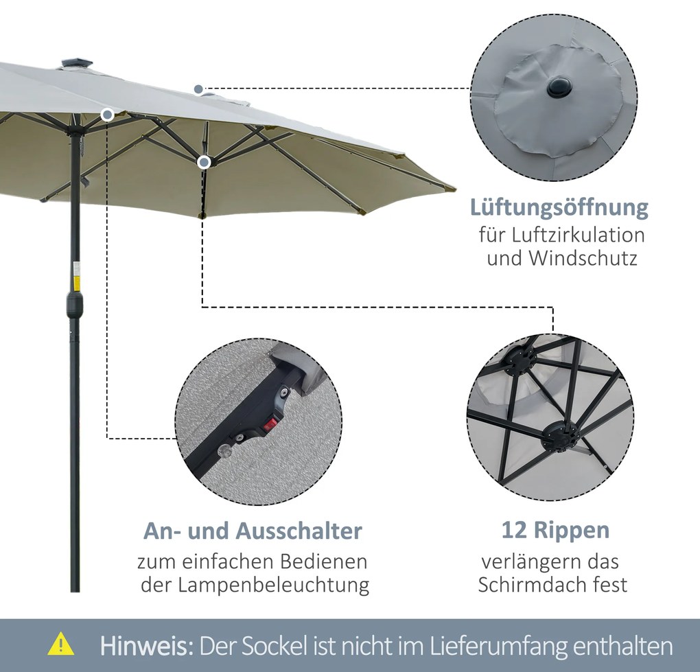 Ομπρέλα Outsunny με ηλιακό φωτισμό LED 4,5μ διπλή ομπρέλα κήπου ομπρέλα αγοράς ομπρέλα βεράντας οβάλ ανοιχτό γκρι+μαύρο