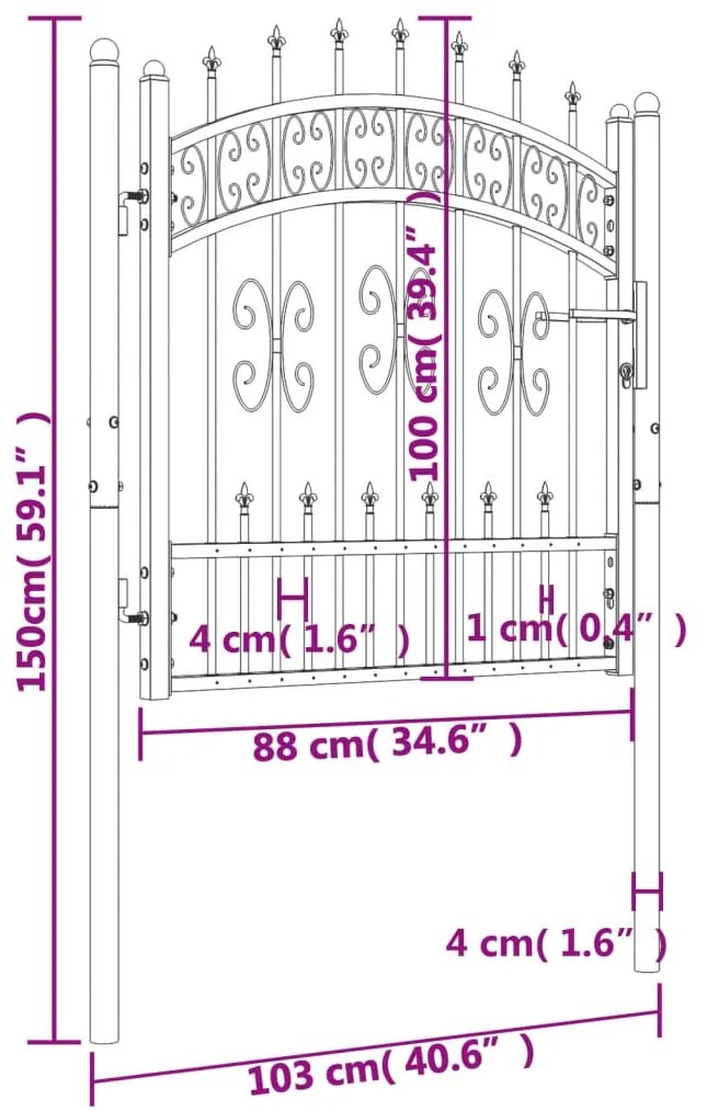 vidaXL Πόρτα Περίφραξης με Κορυφή Δόρυ Μαύρη 103x100 εκ. από Ατσάλι με Ηλεκτροστατική Βαφή