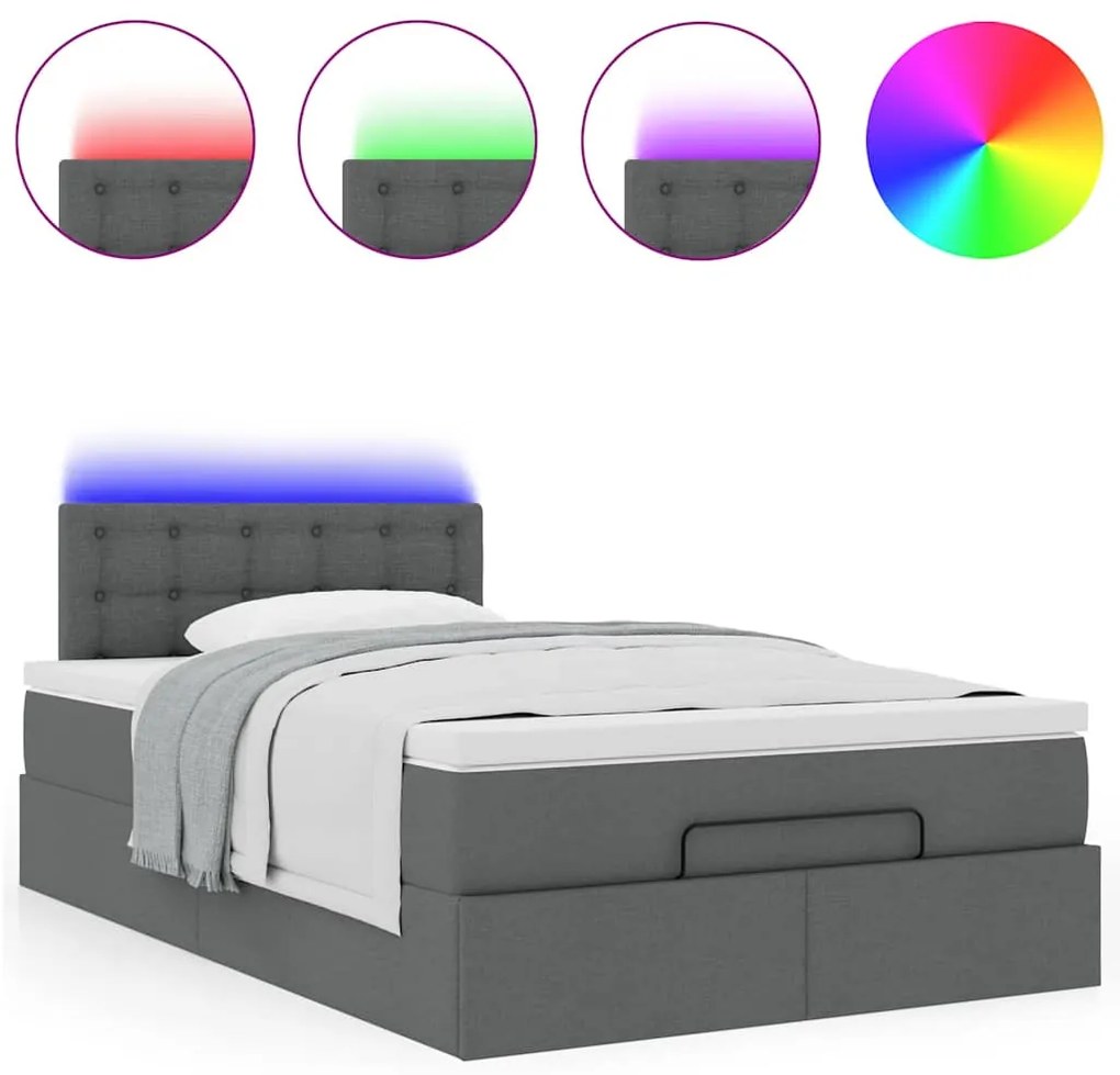 vidaXL Οθωμανικό κρεβάτι με στρώμα & LEDs Σκούρο γκρι 120x190cm Ύφασμα