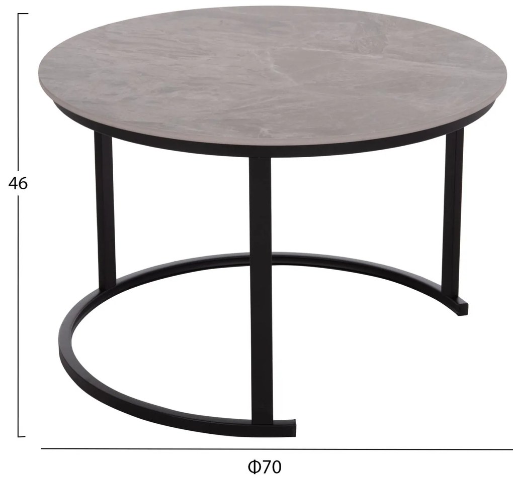 Τραπεζάκια σαλονιού TALOS Σετ 2 τμχ. Κεραμικό TOP με Όψη Γκρί Μαρμάρου Φ70 + Φ50εκ. 70x70x45.5 εκ.