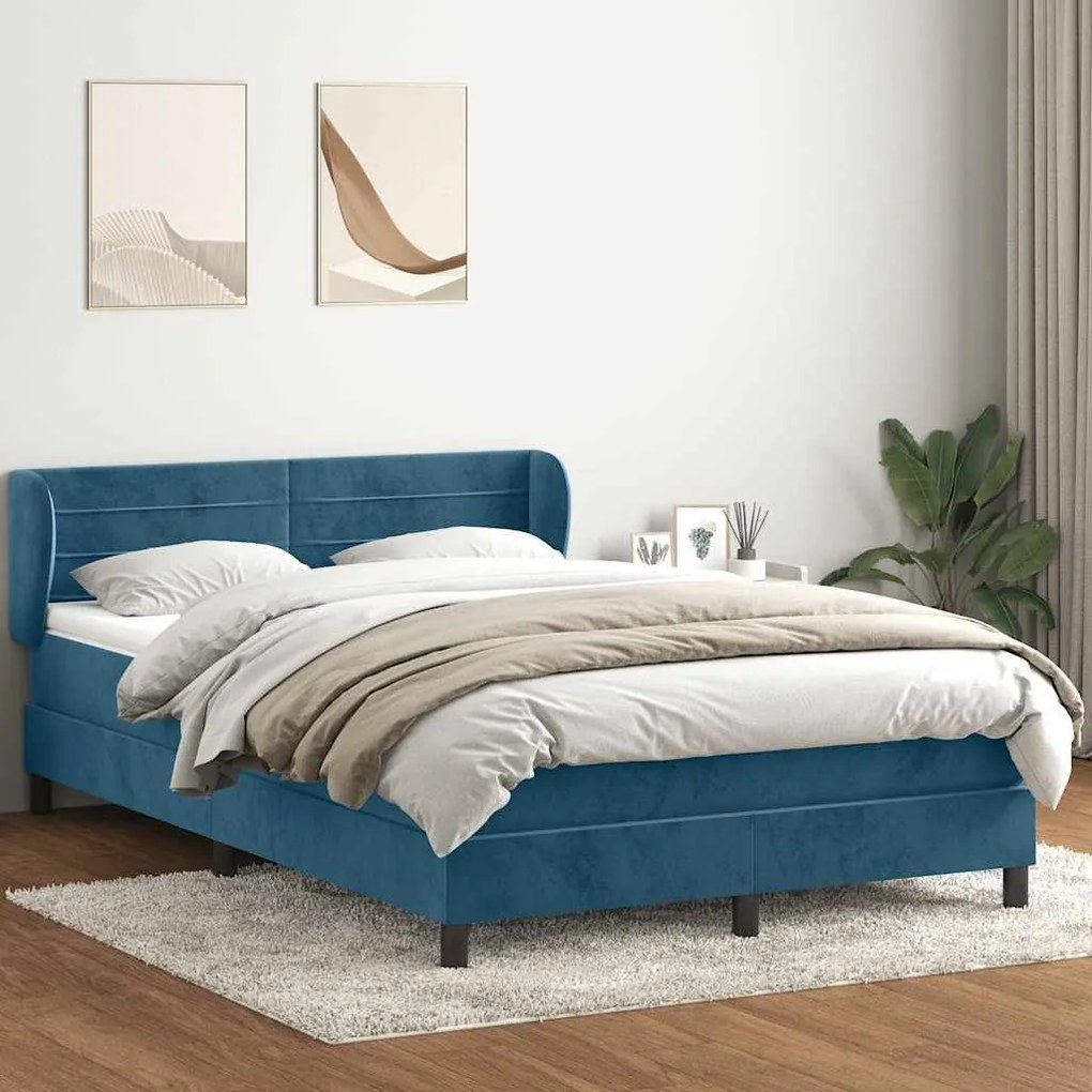 Κρεβάτι Boxspring με Στρώμα Σκούρο Μπλε 140x210 εκ. Βελούδινο - Μπλε