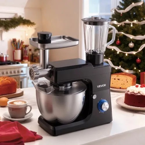 VEVOR Stand Mixer, 7.8 L Electric Kitchen Mixer, 1500W Dough-Mixer, 6+P Speeds Tilt-head Food-Mixer with 1.5 L Blender Cup, Stainless Steel Bowl, Dough Hook, Whisk, Beater, for Baking, Mixing, Black