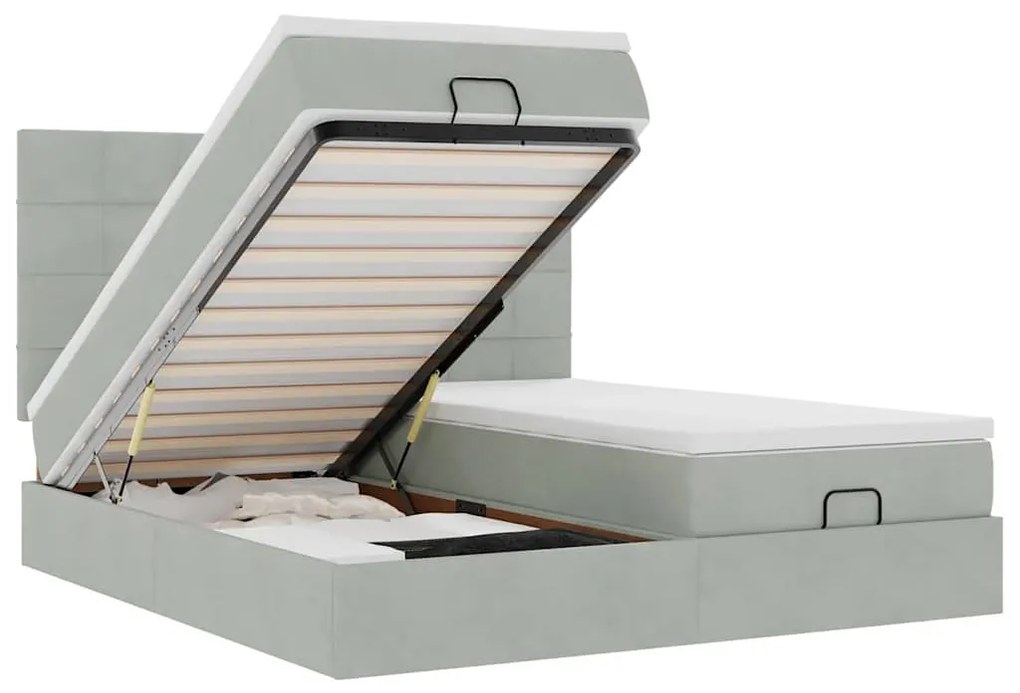 vidaXL Οθωμανικό κρεβάτι με στρώματα &amp; LEDs Ανοιχτό γκρι Βελούδο