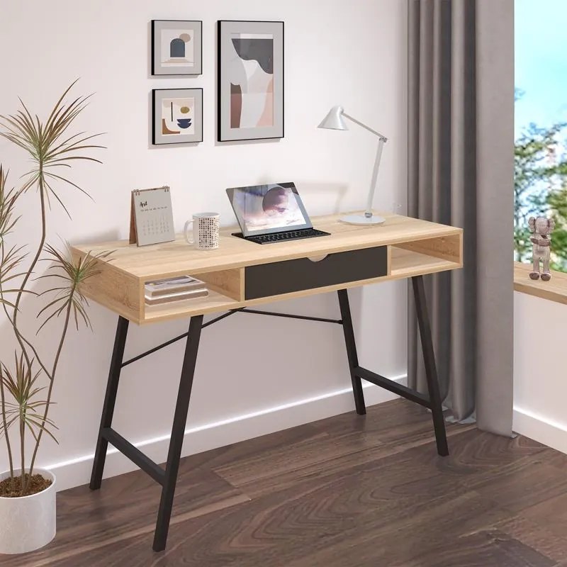 Γραφείο Yamin σε Oak με Μαύρο Μεταλλικό Πόδι 120x48x76 εκ. 120x48x76 εκ.