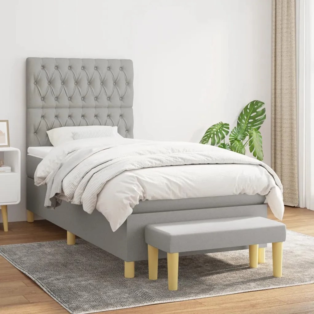 vidaXL Κρεβάτι Boxspring με Στρώμα Ανοιχτό Γκρι 90x200 εκ. Υφασμάτινο