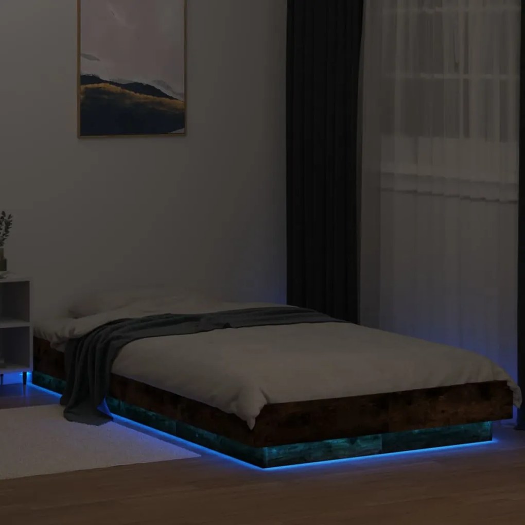 vidaXL Πλαίσιο Κρεβατιού με LED Καπνιστή Δρυς 90x190 εκ. Επεξεργ. Ξύλο