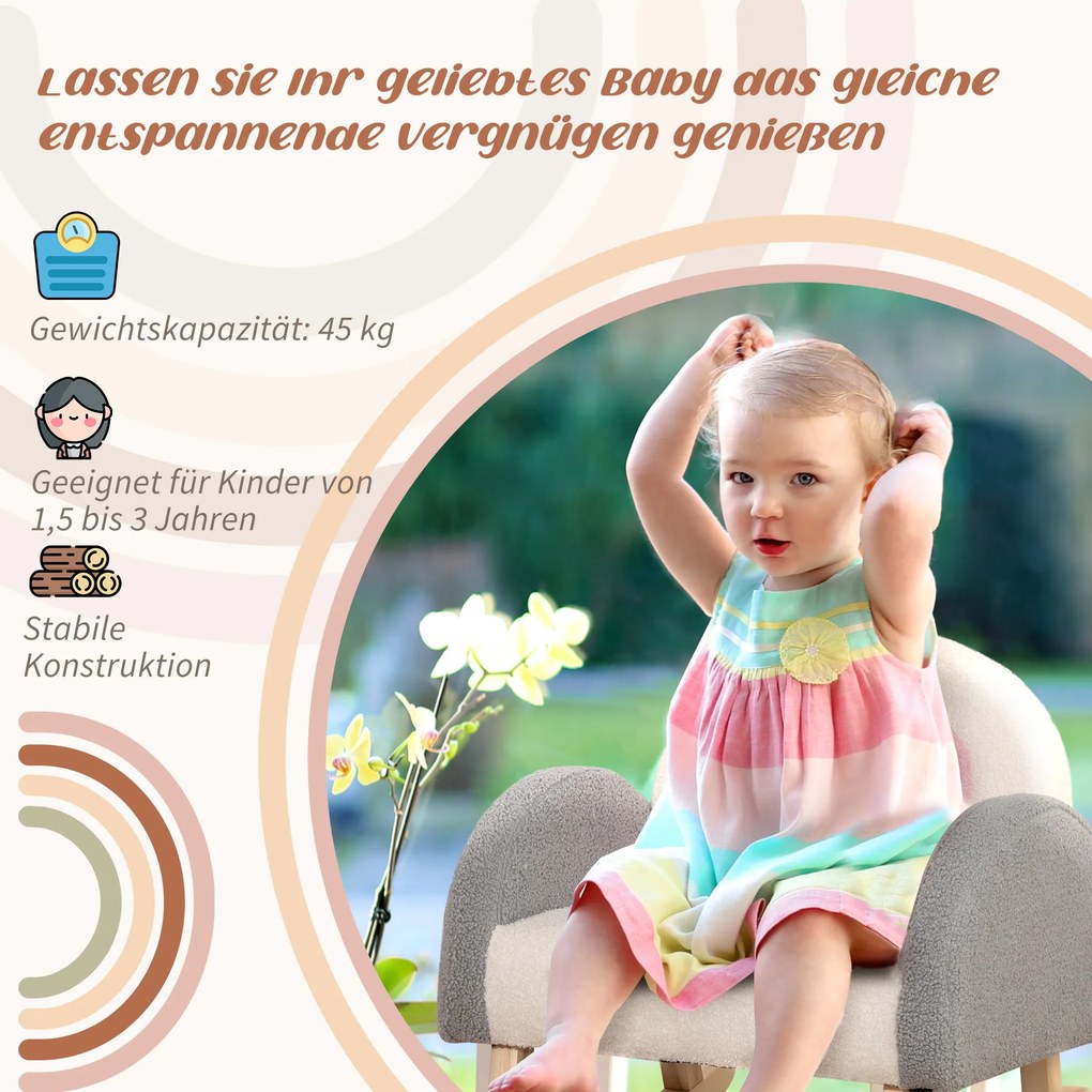 HOMCOM Κουνιστή πολυθρόνα για νήπια, χαριτωμένο σχέδιο, απομίμηση δέρματος προβάτου, ξύλο ευκαλύπτου, 50 x 45 x 44cm, γκρι+ροζ+κρεμ