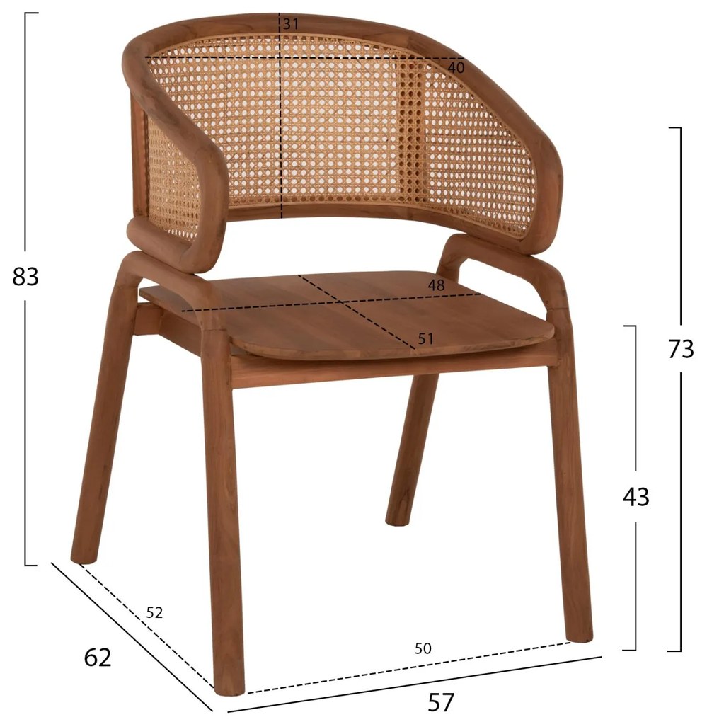 Καρέκλα-Πολυθρόνα C9402.01 Μασίφ Ξύλο Teak και Rattan πλάτη Φυσικό 57x62x83Υεκ. 57x62x83 εκ.