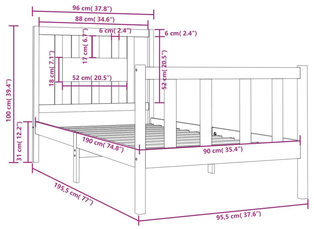 vidaXL Πλαίσιο Κρεβατιού 90 x 190 εκ. από Μασίφ Ξύλο Single