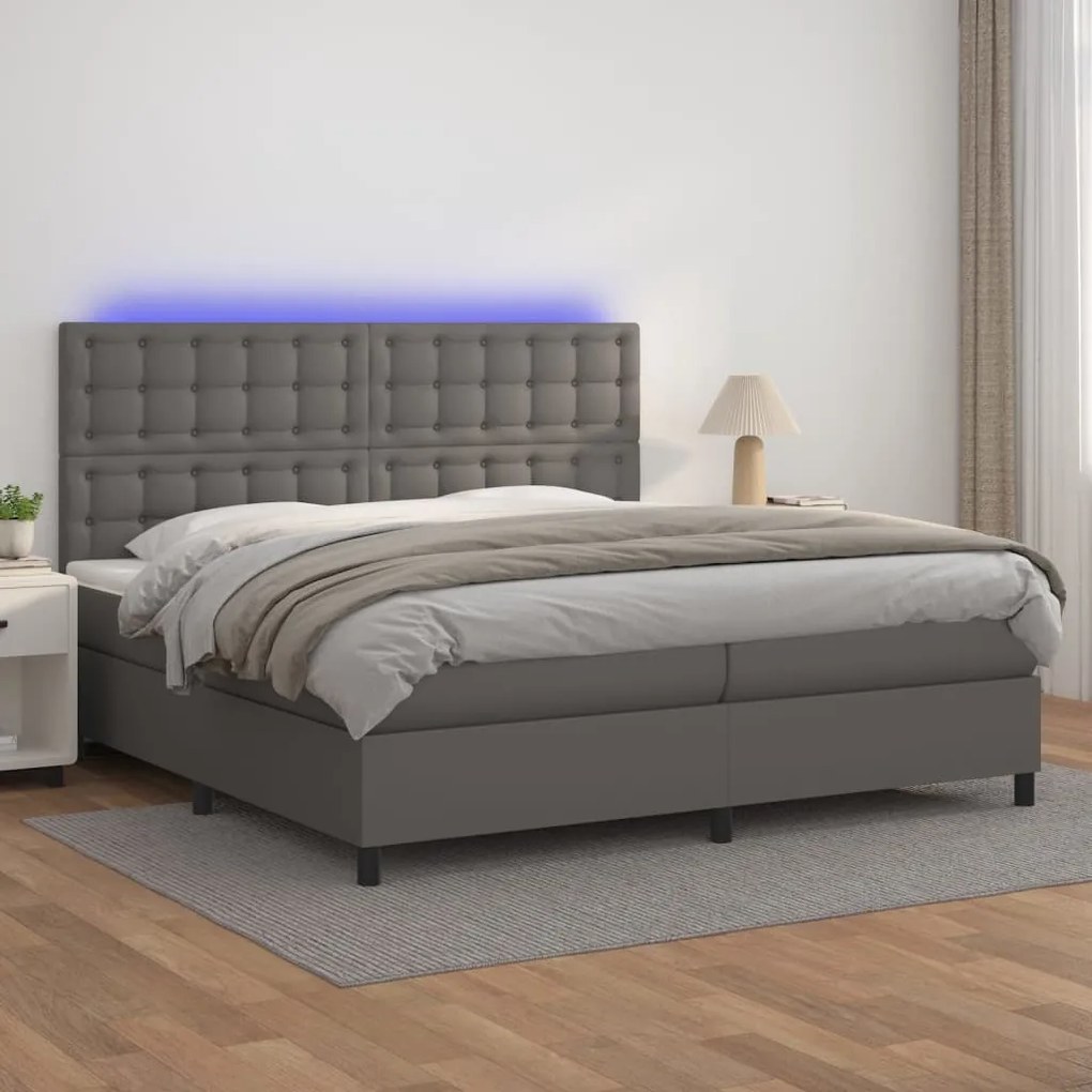 vidaXL Κρεβάτι Boxspring με Στρώμα & LED Γκρι 200x200 εκ. Συνθ. Δέρμα