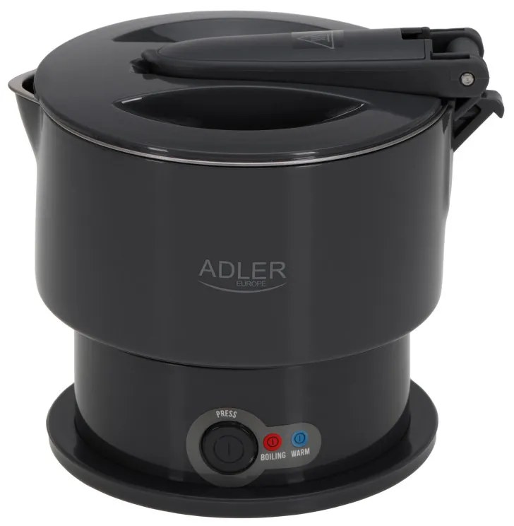 Τουριστικός ηλεκτρικός βραστήρας Adler AD 1377, 600W, 0,6 l, Αναδιπλούμενο σώμα σιλικόνης, Προστασία υπερθέρμανσης, Ένδειξη φωτός, Γκρι/Μαύρο
