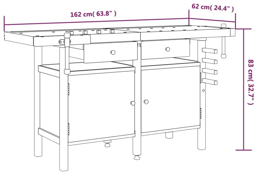 Πάγκος Εργ. Συρτάρια/ Μέγγενες 162x62x83 εκ. Μασίφ Ξύλο Ακακίας - Καφέ