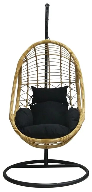 WOODWELL SALSA Κρεμαστή Πολυθρόνα, Wicker Φυσικό, Μέταλλο Βαφή Μαύρο, Μαξιλάρι Μαύρο Φ105x203cm Ε6768,1