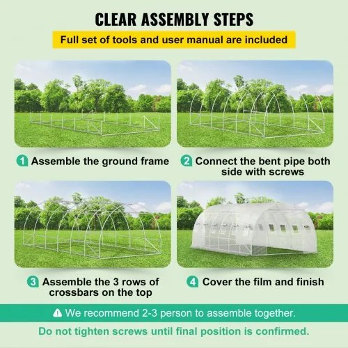 VEVOR Walk-in Tunnel Greenhouse, 20 x 10 x 7 ft Portable Plant Hot House w/ Galvanized Steel Hoops, 3 Top Beams, 4 Diagonal Poles, 2 Zippered Doors &amp; 12 Roll-up Windows, White