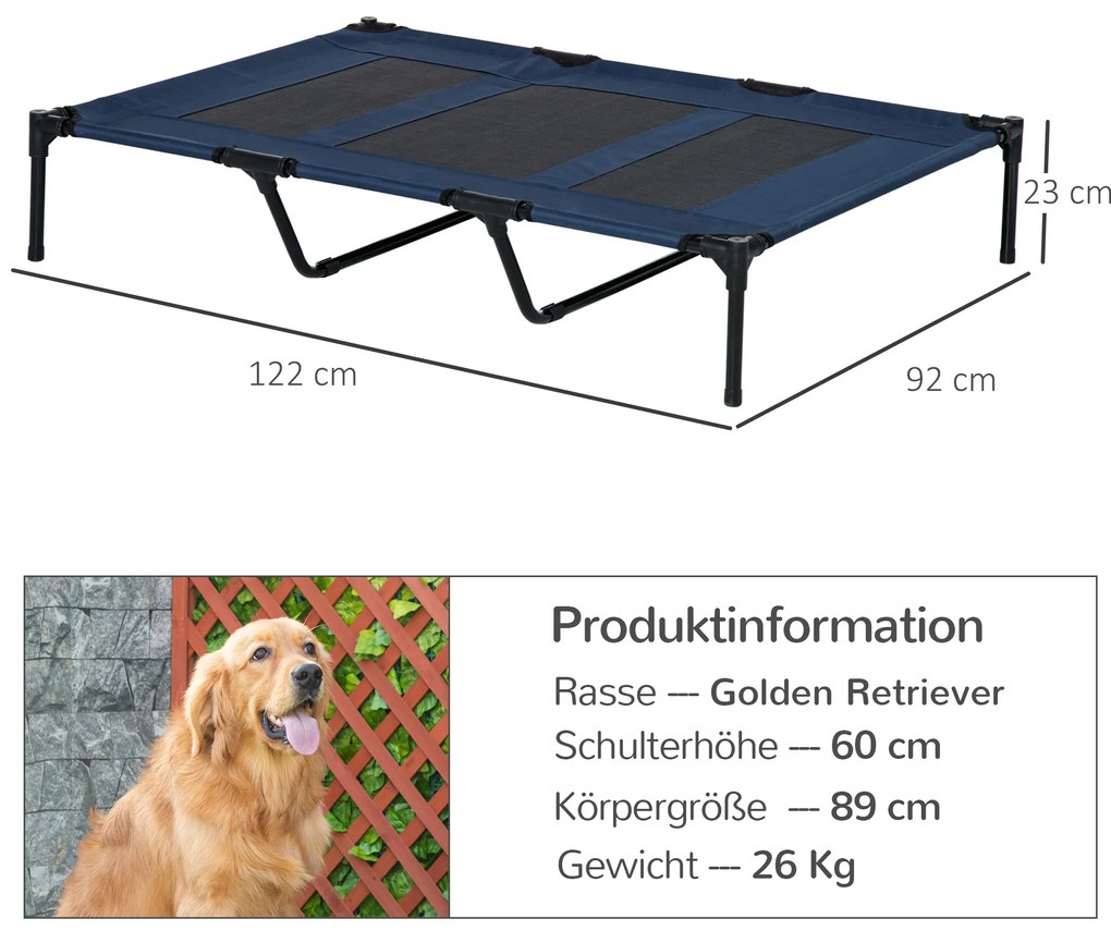 PawHut Κρεβάτι σκύλου, αναδιπλούμενο, κρεβάτι σκύλου εξωτερικού χώρου, υπερυψωμένο, 122 cm x 92 cm x 23 cm, μπλε + μαύρο