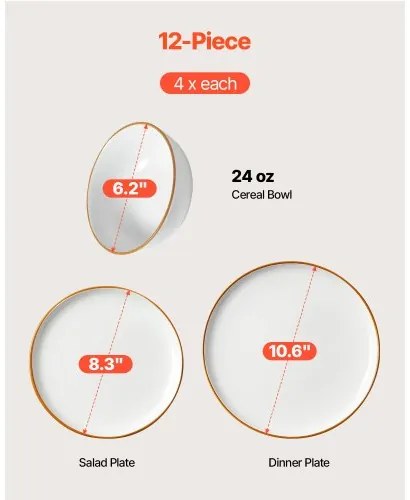 VEVOR 12 PCS Dinnerware Set Ceramic Plates and Bowls Sets Service for 4 White