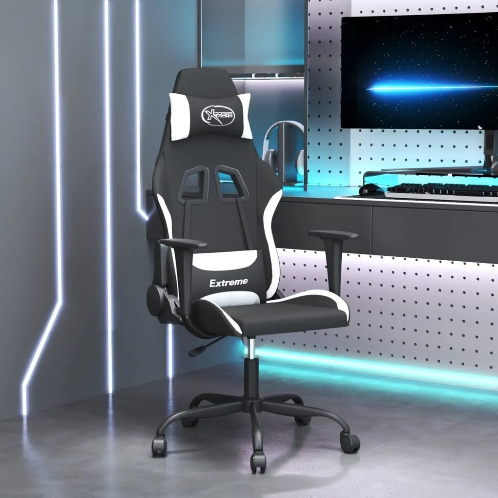 vidaXL Καρέκλα Μασάζ Gaming Μαύρη και Λευκή Υφασμάτινη