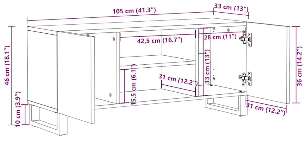 Έπιπλο Τηλεόρασης Μαύρο 105 x 33 x 46 εκ. από Μασίφ Ξύλο Μάνγκο - Μαύρο