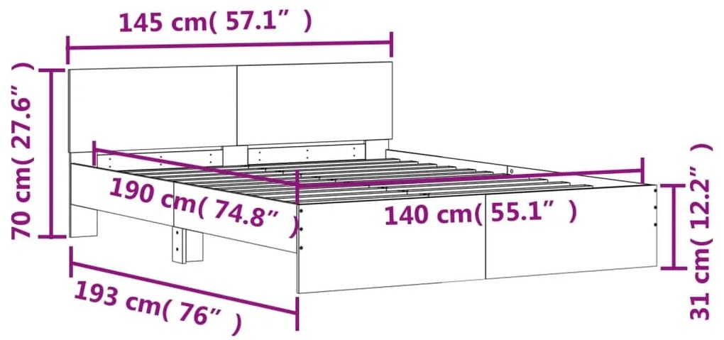 Πλαίσιο Κρεβατιού με Κεφαλάρι Καφέ Δρυς 140 x 190 εκ. - Καφέ