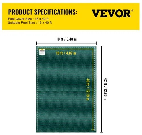 VEVOR Pool Safety Cover 18x42ft, Inground Pool Cover fit for 16x40 ft Pool, Rectangle Inground Safety Pool Cover Green Mesh Solid Pool Safety Cover for Swimming Pool Winter Safety Cover