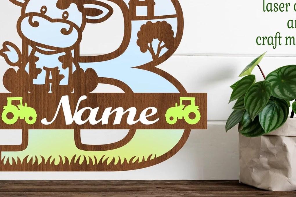 Σετ των 2 Intra απο ξύλο plywood 3mm-4mm πάχος - Μονόγραμμα κεφαλαίου αγελάδας Γράμμα B  Αποκοπή Δίασταση 30x20 cm INTRAFABR-74483524