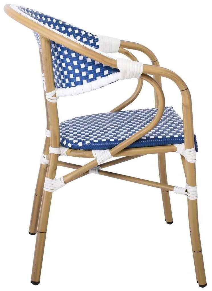VEGERA Πολυθρόνα Dining Αλουμίνιο Φυσικό, Wicker Άσπρο - Μπλε, Στοιβαζόμενη