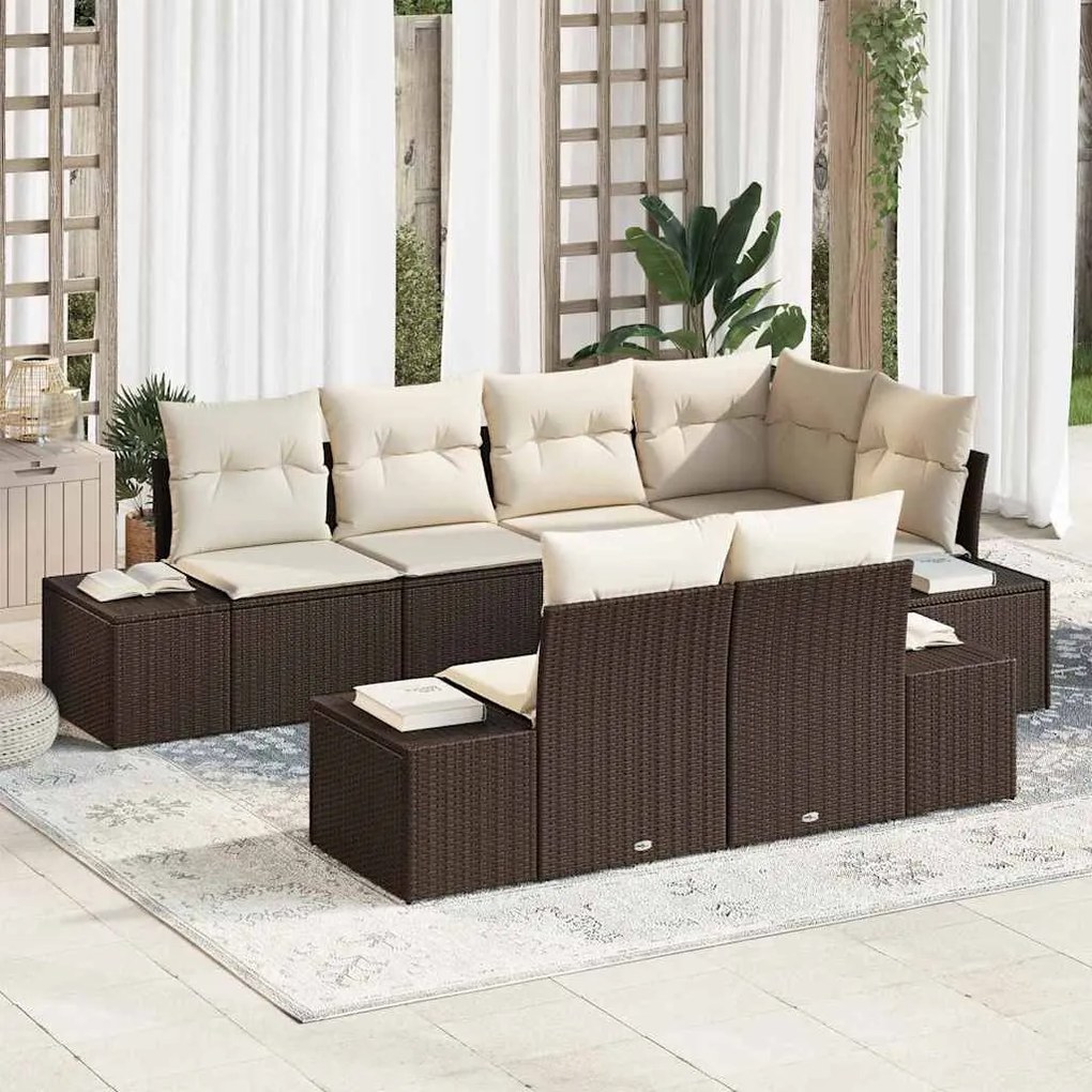 vidaXL Σετ Καναπέ Κήπου με μαξιλάρι 7 pcs Καφέ και Κρέμα Πολυ ράταν