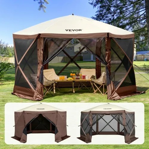 VEVOR Pop Up Gazebo Tent Pop-Up Screen Tent 6 Sided Canopy Sun Shelter Brown