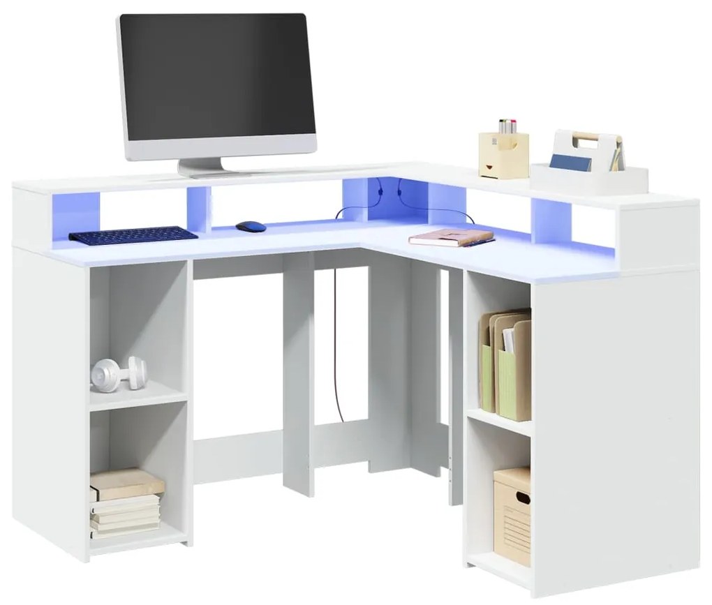 Γραφείο με LED Λευκό 130x130x91 εκ. από Επεξεργασμένο Ξύλο