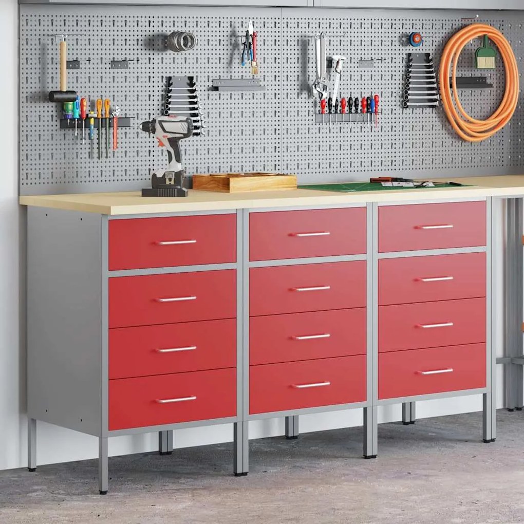 vidaXL Ντουλάπα Εργασίας 3 pcs Κόκκινο και Γκρίζο 150 x 55 x 85 εκ