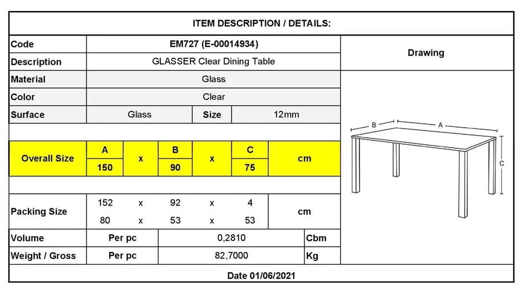 Τραπέζι γυαλί Glasser Clear EM727 150x90x75cm