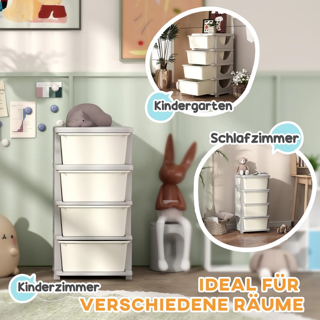 HOMCOM Κουτιά αποθήκευσης για παιδιά, 4 μεγάλα συρτάρια, στρογγυλεμένες άκρες, πλαστικό, 37x37x76 cm, Κρεμ λευκό