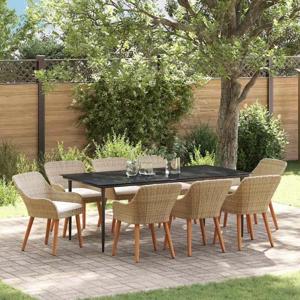 vidaXL Σέτ φαγητού για κήπο με μαξιλάρι 9 pcs Μπεζ συνθετικό ρατάν